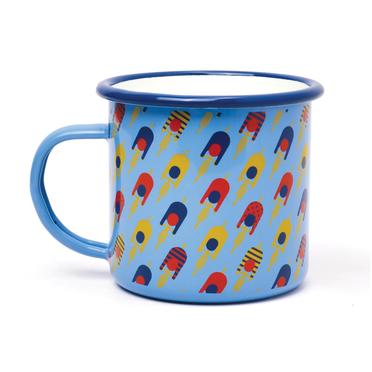 Enamel mug - cycling features a colourful design with playful cyclists on a blue background, shown in an angled view.