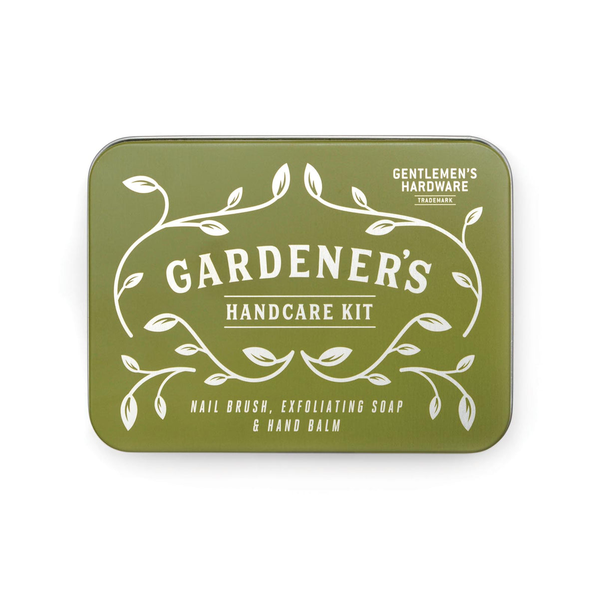 Tin gift set: nail brush, soap, balm in a stylish green tin featuring floral design and elegant typography.