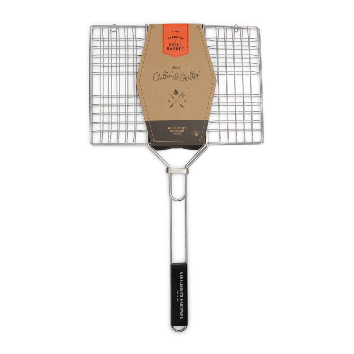 Barbecue grill basket with chrome finish and wooden handle, showcasing mesh grilling surface, 61cm x 34cm.