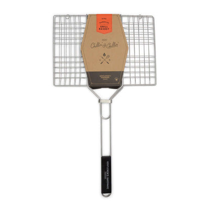 Barbecue grill basket with chrome finish and wooden handle, showcasing mesh grilling surface, 61cm x 34cm.