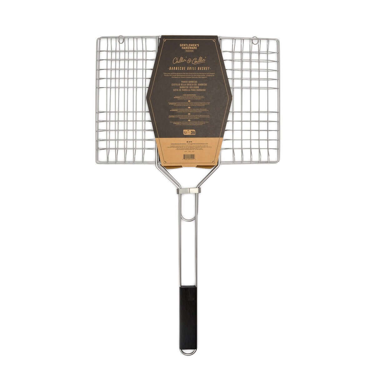 Barbecue grill basket, chrome material with wooden handle, 61cm x 34cm, angled view showcasing branding and grid design