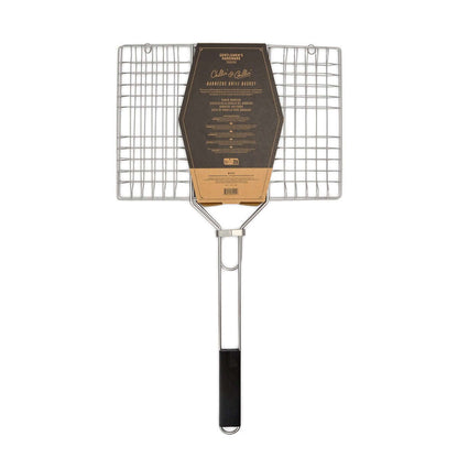 Barbecue grill basket, chrome material with wooden handle, 61cm x 34cm, angled view showcasing branding and grid design