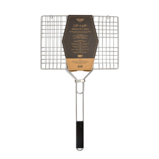 Barbecue grill basket, chrome material with wooden handle, 61cm x 34cm, angled view showcasing branding and grid design