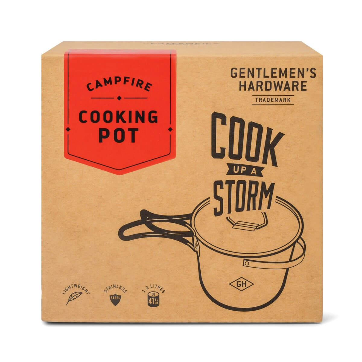 Campfire cooking pot packaging featuring a lightweight stainless steel design, with a 1.2L capacity and top handle for easy use.