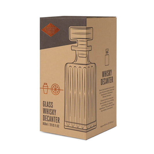 Whisky decanter packaging with glass design, 850 ml size, featuring a decorative etched logo on the box.