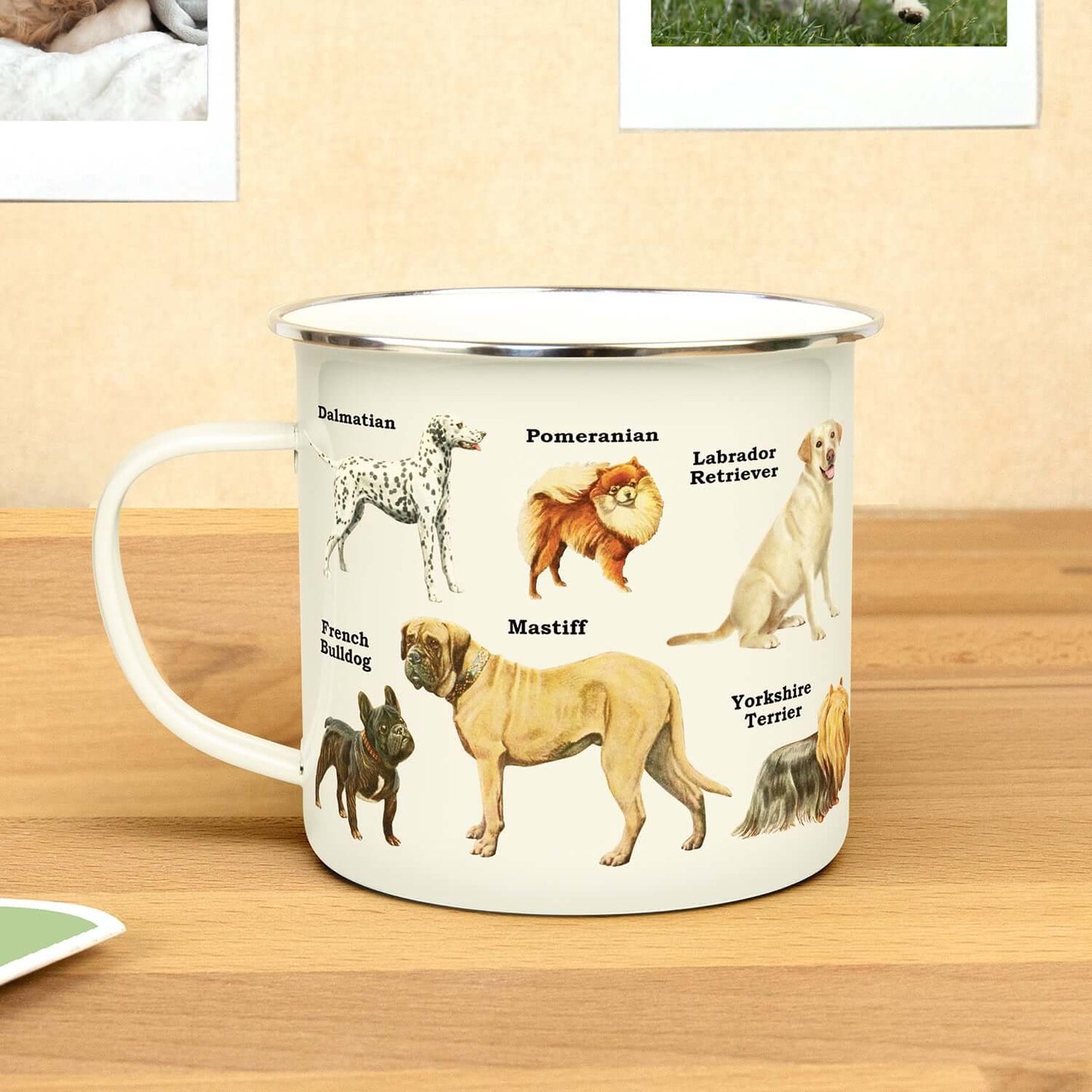 Gift Republic - Dogs - Enamel Mug featuring various dog breeds including Dalmatian and Pomeranian in a close-up view.