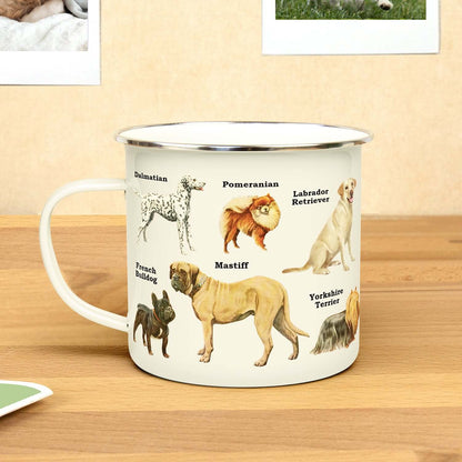 Gift Republic - Dogs - Enamel Mug featuring various dog breeds including Dalmatian and Pomeranian in a close-up view.