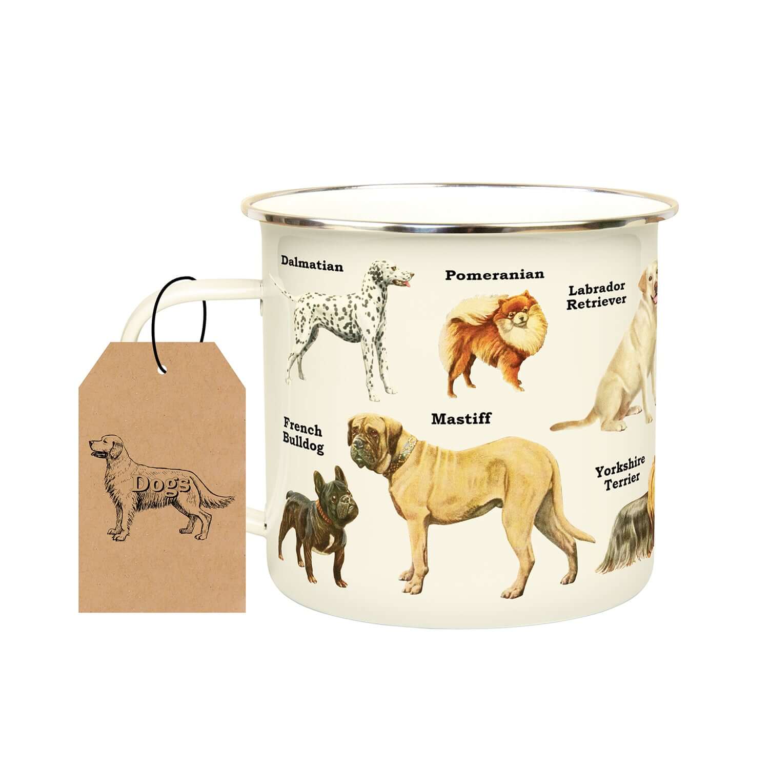 Gift Republic - Dogs - Enamel Mug featuring various dog breeds in vibrant detail with a gift tag attached.