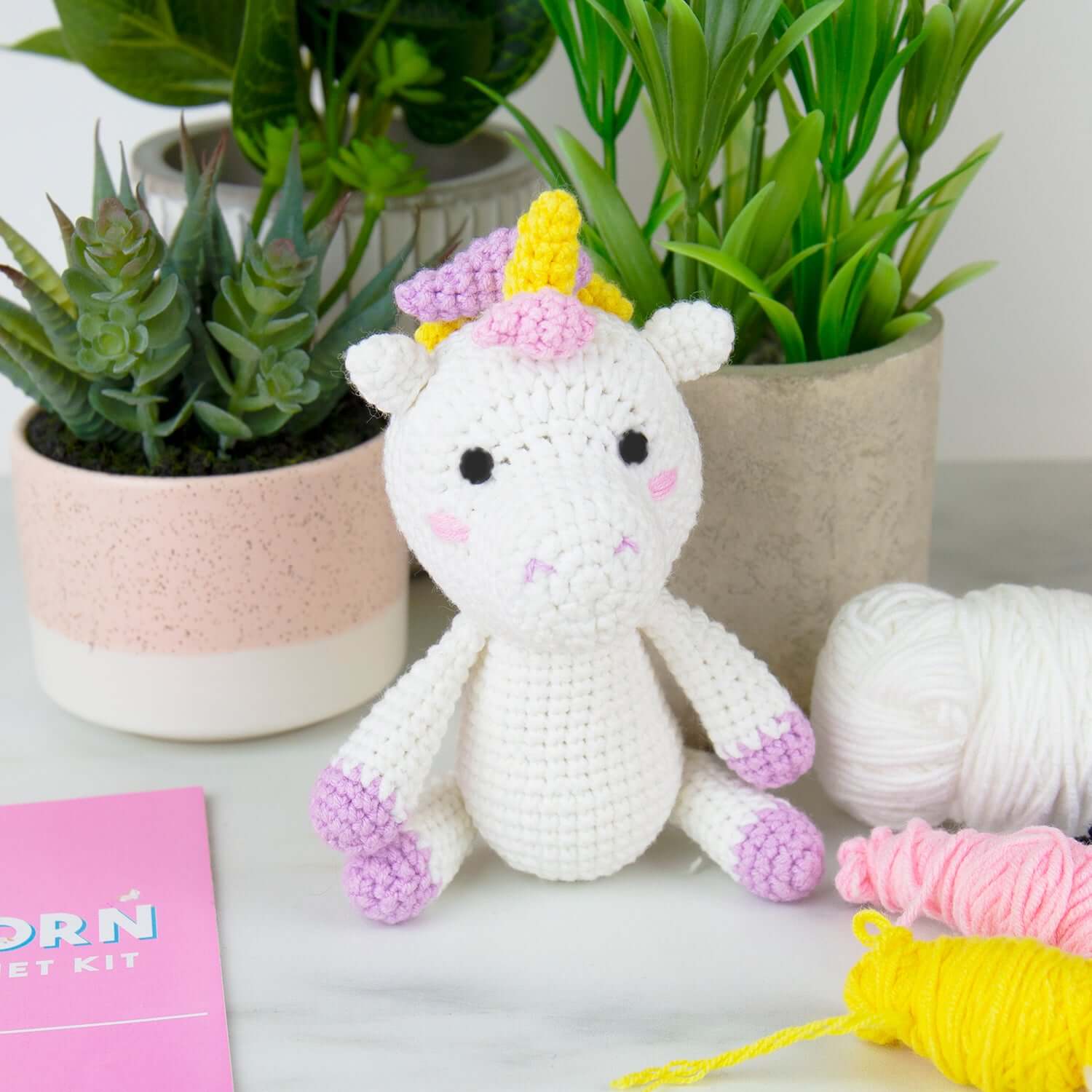 Unicorn DIY crochet kit with a cute plush unicorn beside pastel coloured wools and succulent plants in pots.