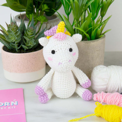 Unicorn DIY crochet kit with a cute plush unicorn beside pastel coloured wools and succulent plants in pots.