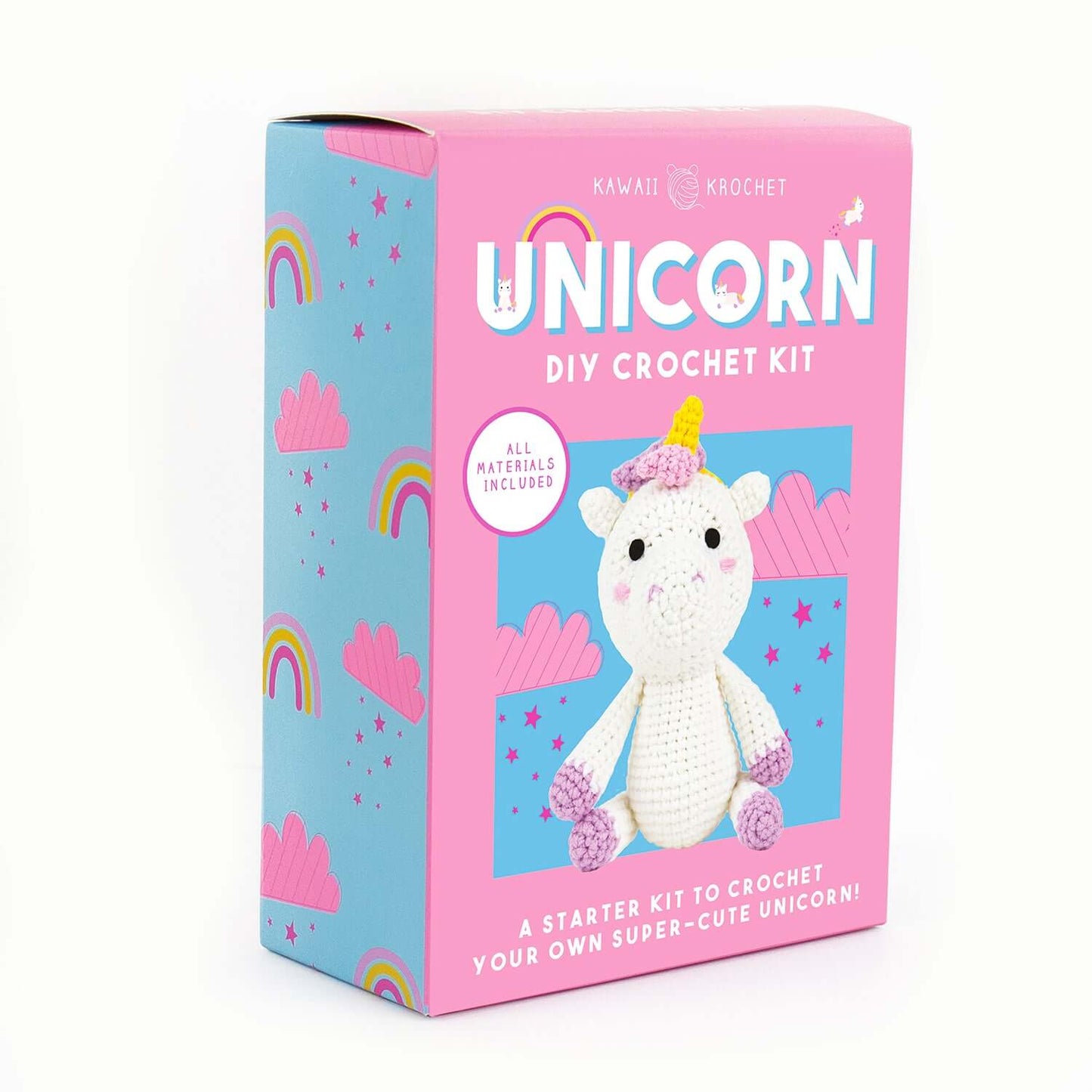 Unicorn DIY crochet kit packaging featuring a bright pink design with rainbows and the unicorn character, 12x17x6cm size.