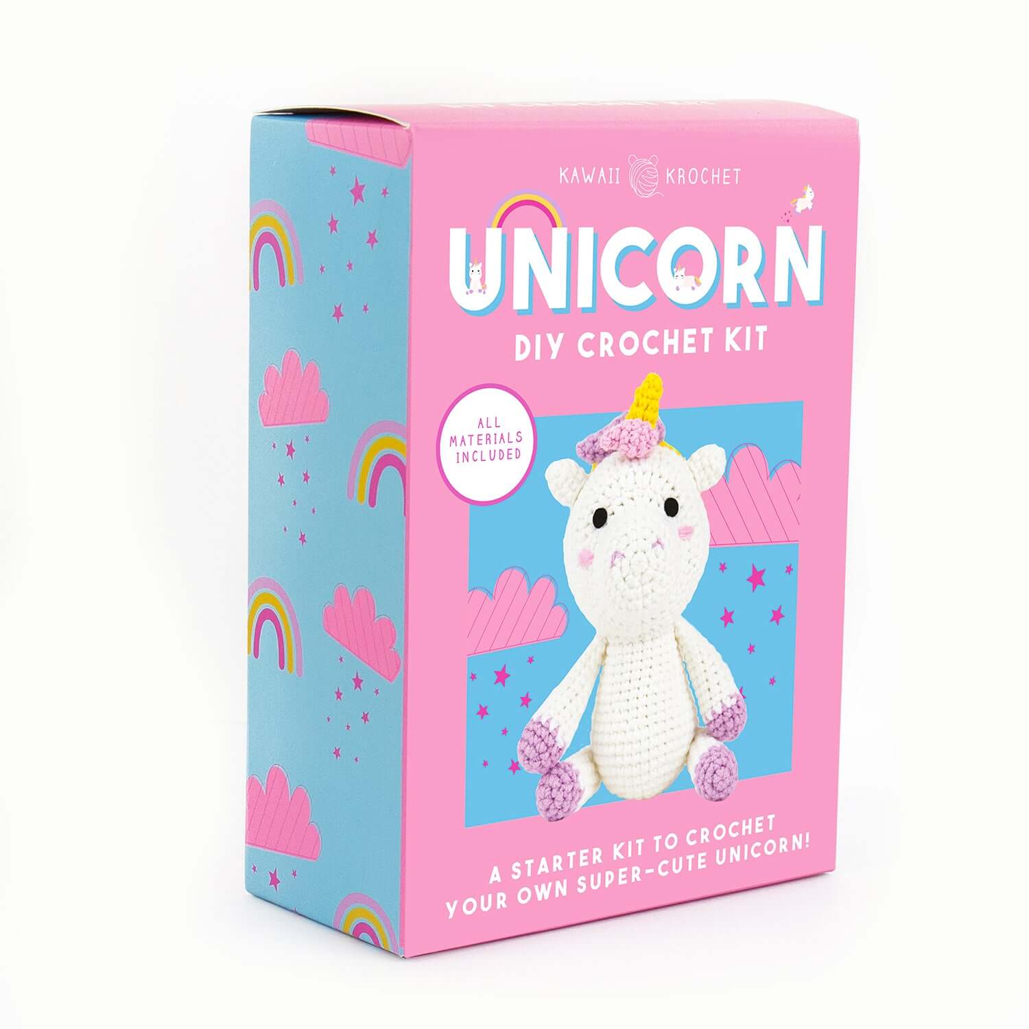 Unicorn DIY crochet kit packaging featuring a bright pink design with rainbows and the unicorn character, 12x17x6cm size.