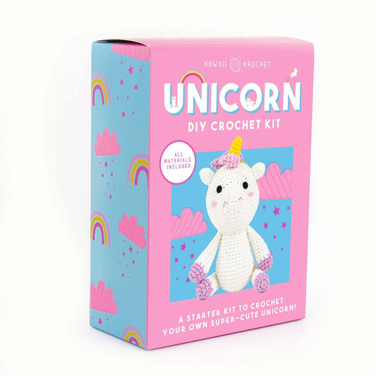 Unicorn DIY crochet kit packaging featuring a bright pink design with rainbows and the unicorn character, 12x17x6cm size.
