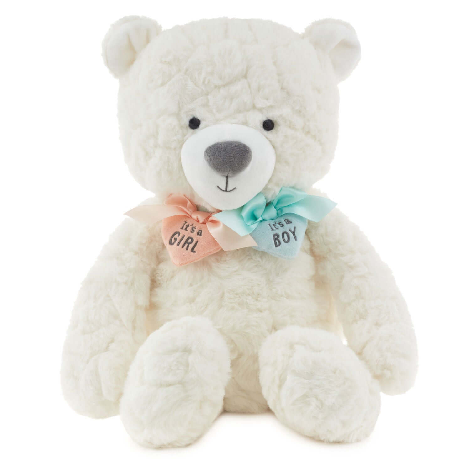 Gender reveal teddy bear plush with ribbons, white fur, featuring pink and blue heart charms around its neck in a front view.