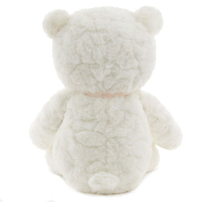 Gender reveal teddy bear plush with ribbons, soft white material, back view showcasing delicate texture and pink ribbon.