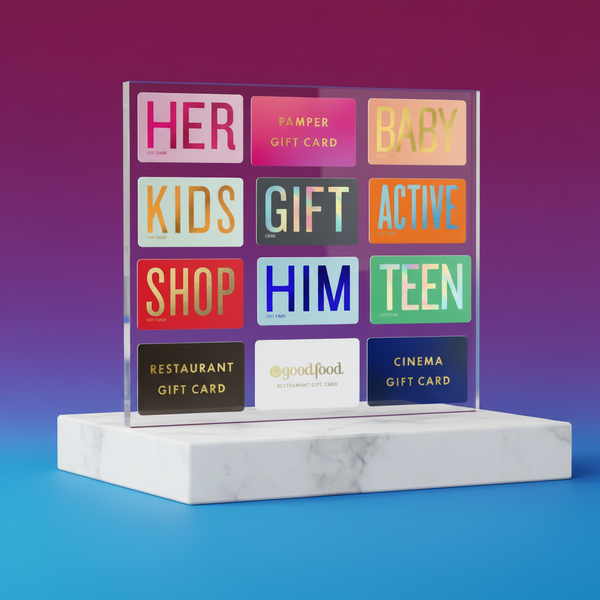 Collection of gift cards on a marble base with colorful labels against a gradient background