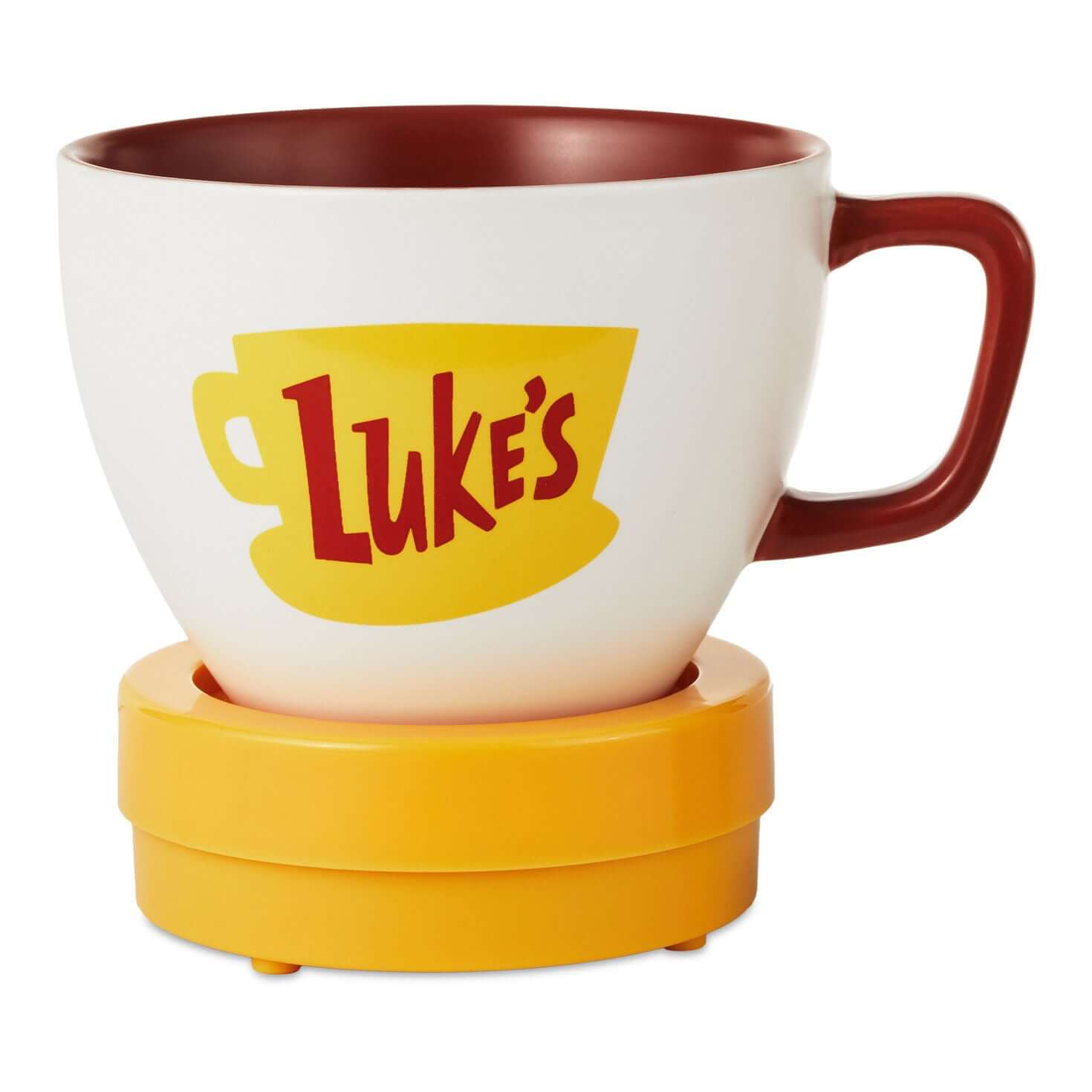 Gilmore Girls Luke's Diner Coffee Mug With Sound, large ceramic mug, white and red, featuring Luke's logo and yellow coaster.