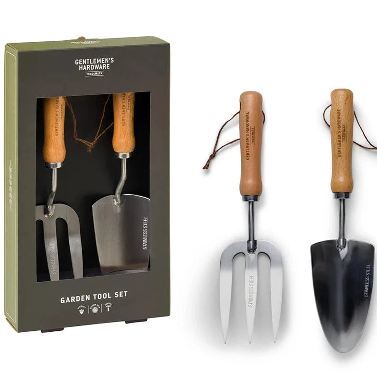 Fork and Trowel Set in gift packaging featuring wooden handles and stainless steel tools with a clear view.