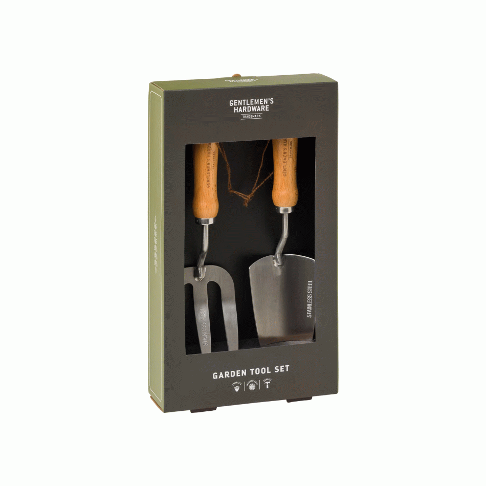 Fork and Trowel Set with stainless steel tools and wooden handles, presented in an angled view packaging.