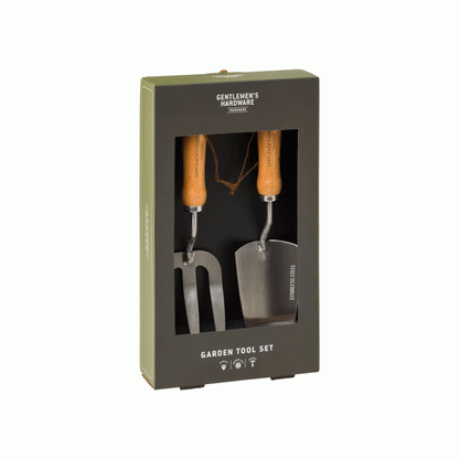 Fork and Trowel Set with stainless steel tools and wooden handles, presented in an angled view packaging.