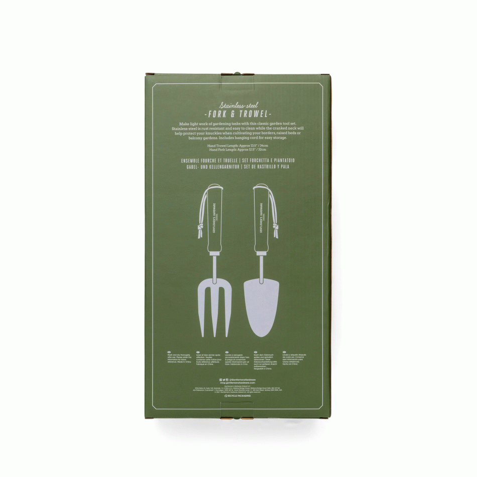 Fork and Trowel Set in packaging, featuring stainless steel tools with a green background, ideal for gardening tasks.