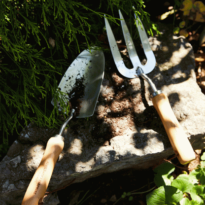 Fork and Trowel Set featuring stainless steel tools with wooden handles, nestled on a stone, surrounded by greenery.