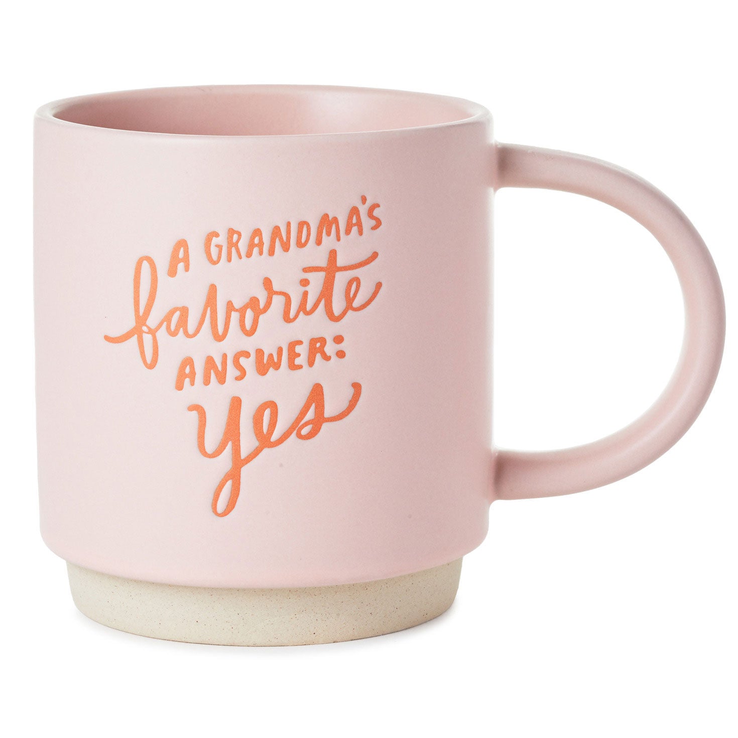 Grandma's Favorite Answer Mug, 16 oz, pink ceramic with orange lettering, angled view highlighting the design and handle.