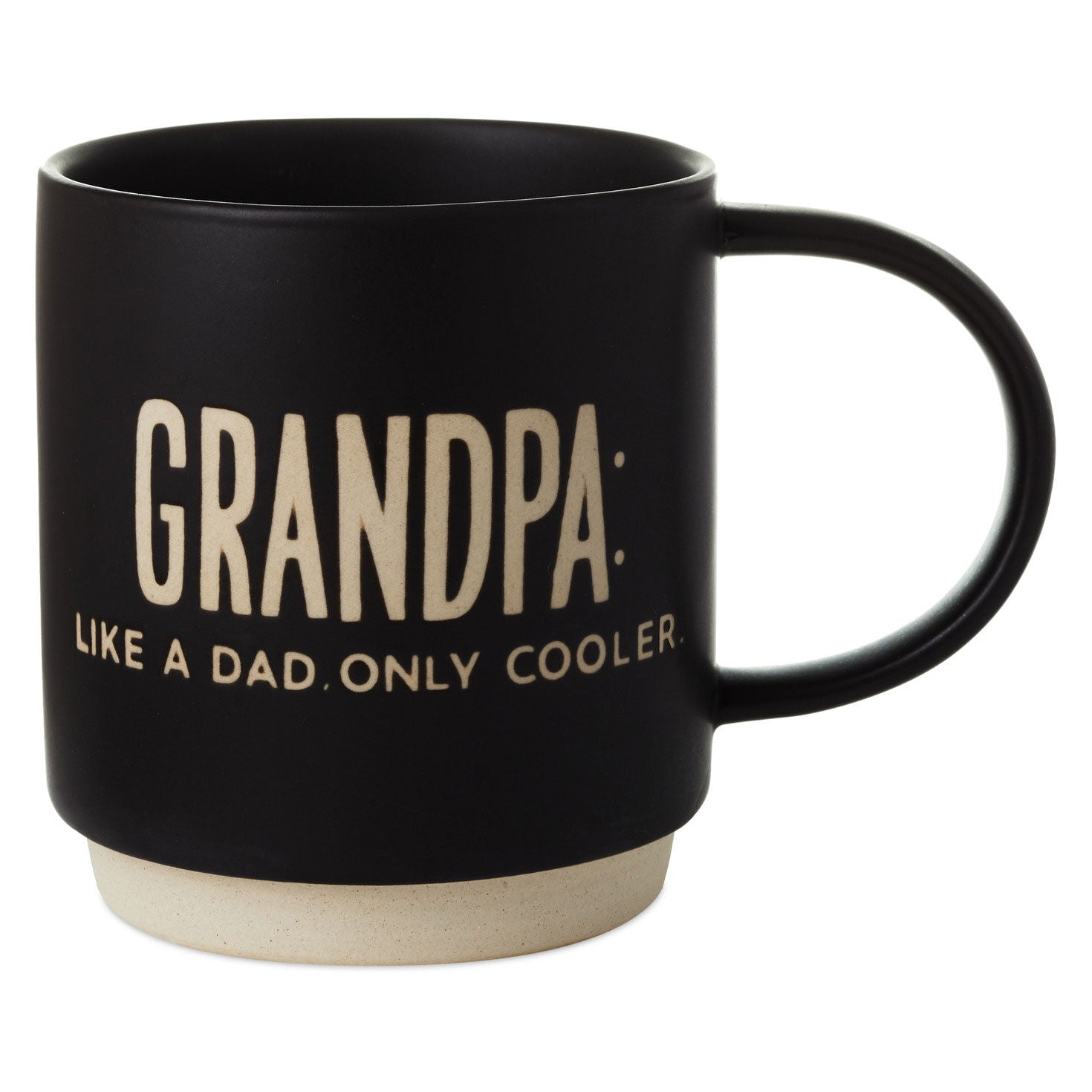 Grandpa Is Cooler Mug, 16 oz., black ceramic coffee mug with white lettering and wide handle, side view.