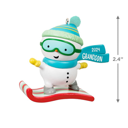 Grandson Snowboarding Snowman — Hallmark Keepsake Christmas Ornament, colourful plastic design, features 2024 on a blue sign, 2.4 inches tall.
