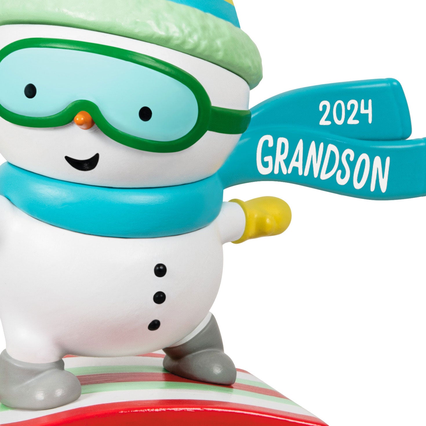 Grandson Snowboarding Snowman — Hallmark Keepsake Christmas Ornament features a snowman with teal hat, green goggles, and 2024 banner.