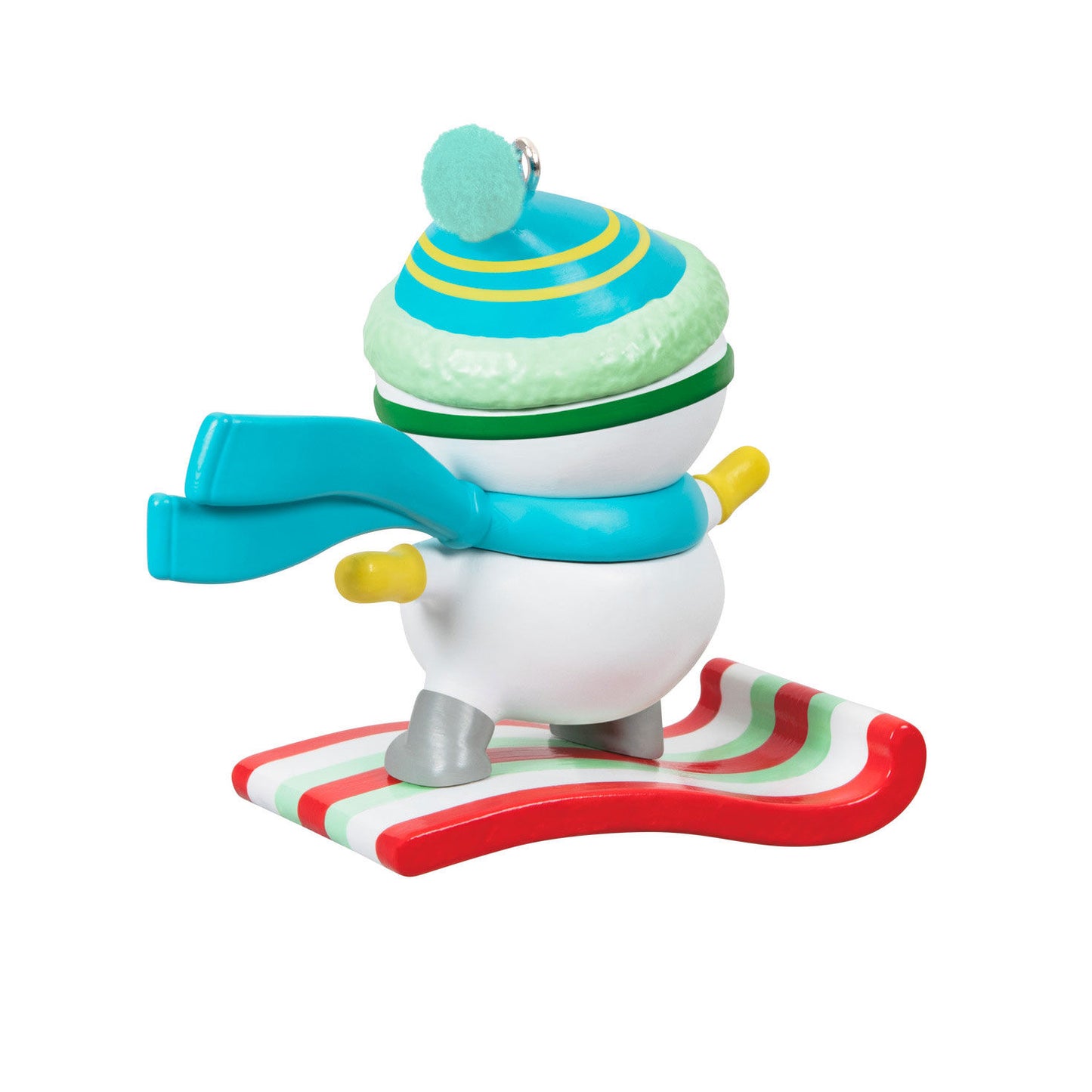 Grandson Snowboarding Snowman — Hallmark Keepsake Christmas Ornament features a snowman on a candy stripe snowboard, with teal accents.
