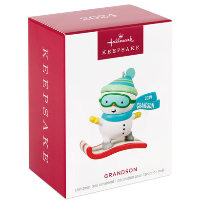 Grandson Snowboarding Snowman — Hallmark Keepsake Christmas Ornament in gift box with teal hat and goggles.