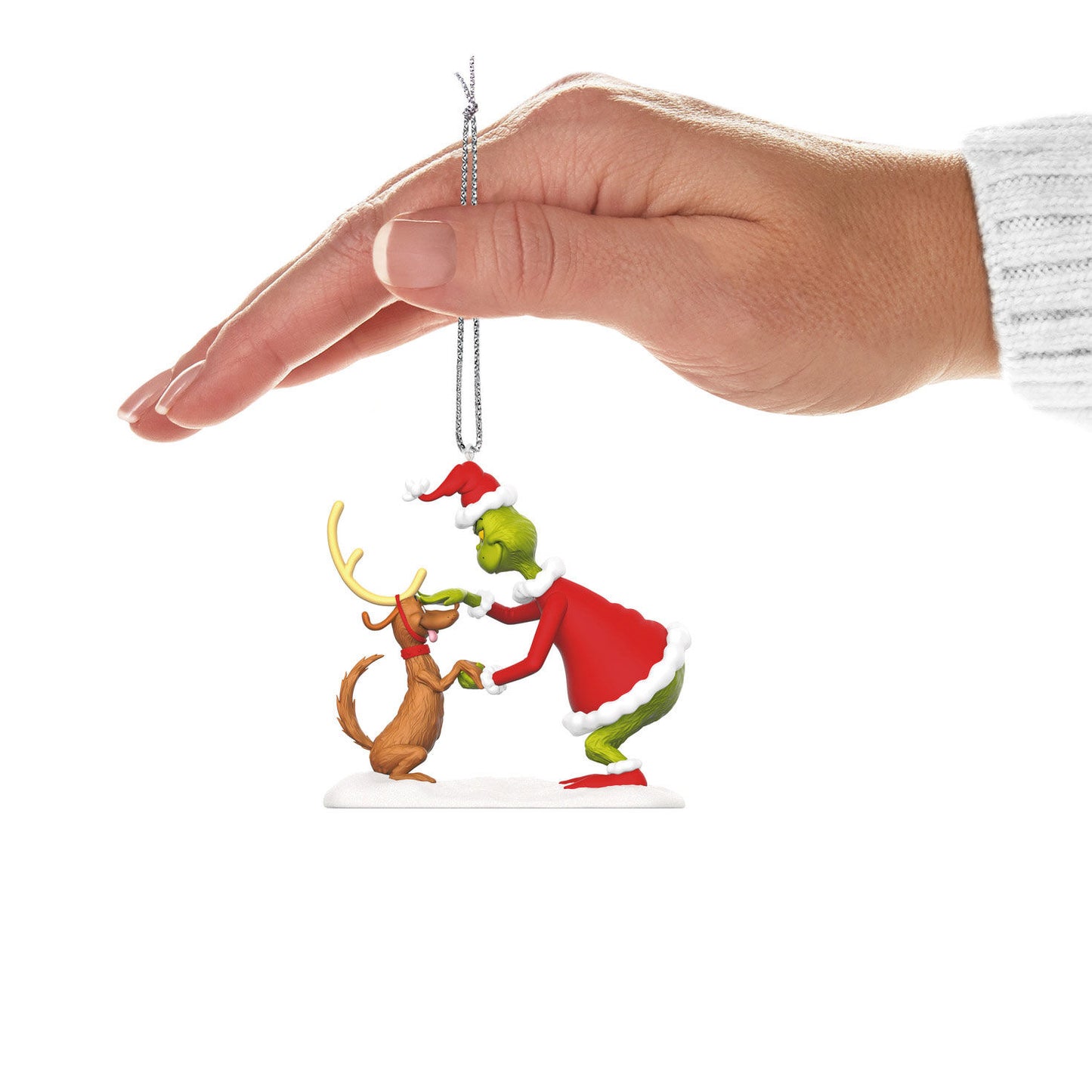 Dr. Seuss's How the Grinch Stole Christmas!™ All I Need Is a Reindeer... — Hallmark Keepsake Christmas Ornament held in hand, featuring Grinch and Max in festive attire.