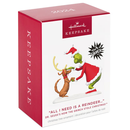 Dr. Seuss's How the Grinch Stole Christmas!™ All I Need Is a Reindeer... — Hallmark Keepsake Christmas Ornament box design featuring the Grinch and Max.