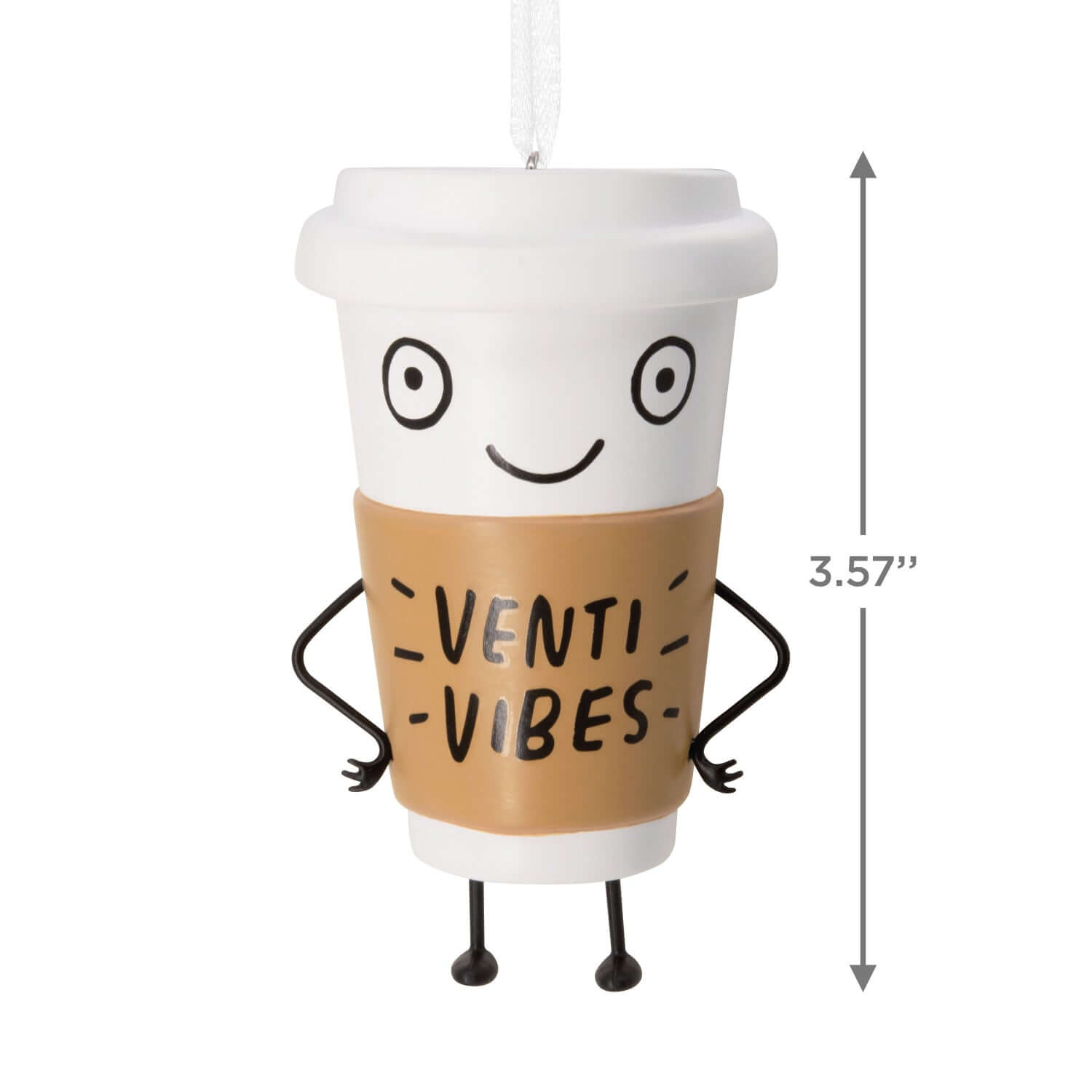 Venti Vibes Coffee Cup - Hallmark Christmas Ornament, playful design with arms and legs, hanging view, 3.57 inches tall