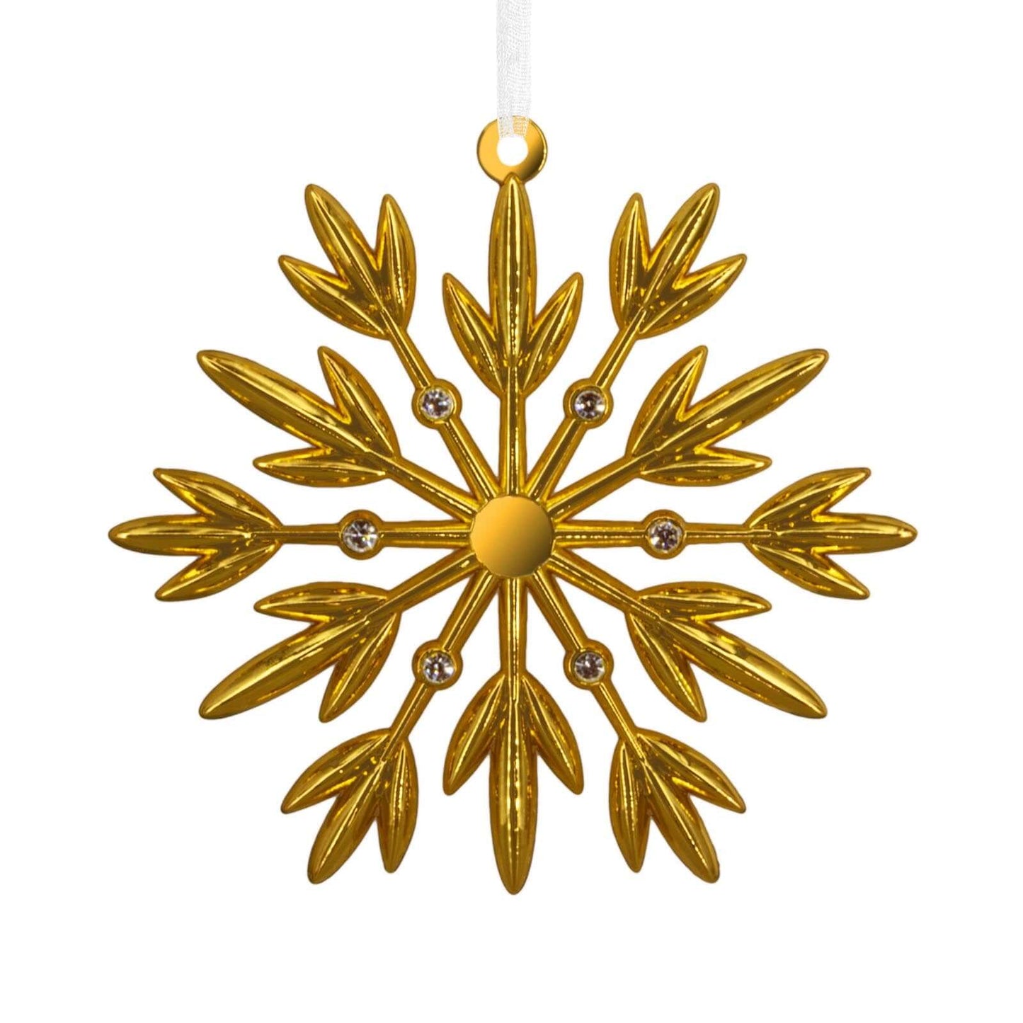 Signature Gold Snowflake, Metal - Hallmark Christmas Ornament with shiny gold finish and gemstone accents, close-up view.