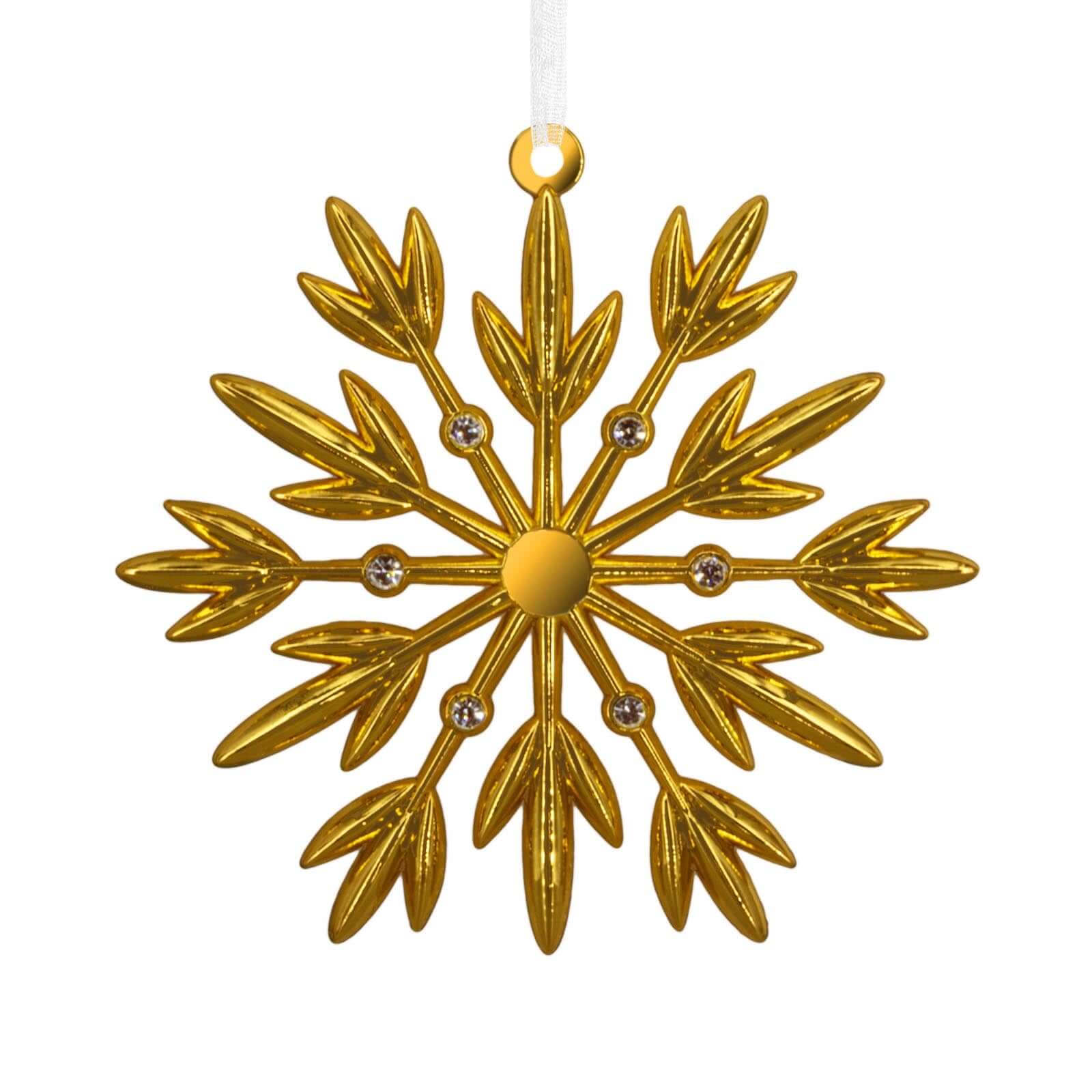 Signature Gold Snowflake, Metal - Hallmark Christmas Ornament with shiny gold finish and gemstone accents, close-up view.