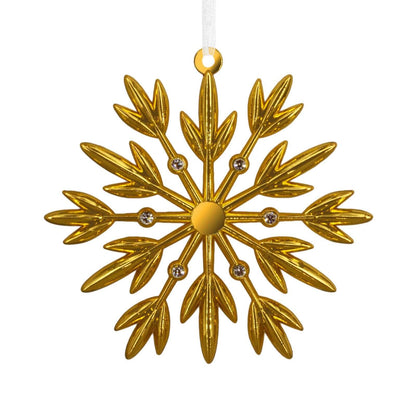 Signature Gold Snowflake, Metal - Hallmark Christmas Ornament with shiny gold finish and gemstone accents, close-up view.