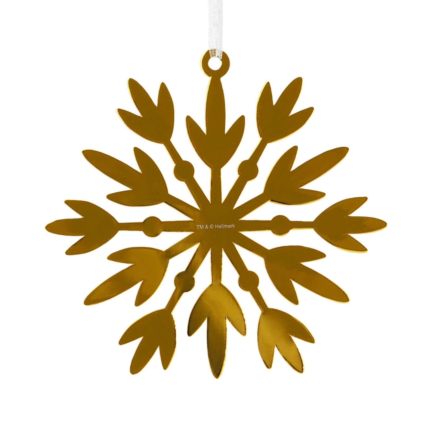Signature Gold Snowflake, Metal - Hallmark Christmas Ornament in shiny gold finish with intricate cut-out design, close-up view.