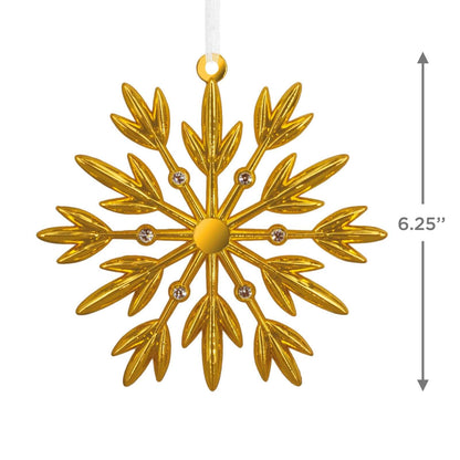 Signature Gold Snowflake, Metal - Hallmark Christmas Ornament with shiny gold finish and sparkling gemstone accents in a close-up view.
