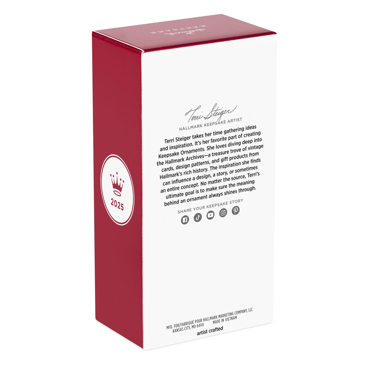 2025 Hallmark Keepsake Christmas Ornament packaging featuring artist's details, red and white design with logo and description.