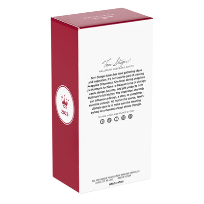 2025 Hallmark Keepsake Christmas Ornament packaging featuring artist's details, red and white design with logo and description.