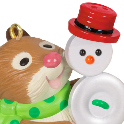 Cute as a Button — Hallmark Keepsake Christmas Ornament featuring a happy hamster with a red button hat and a snowman made of buttons.