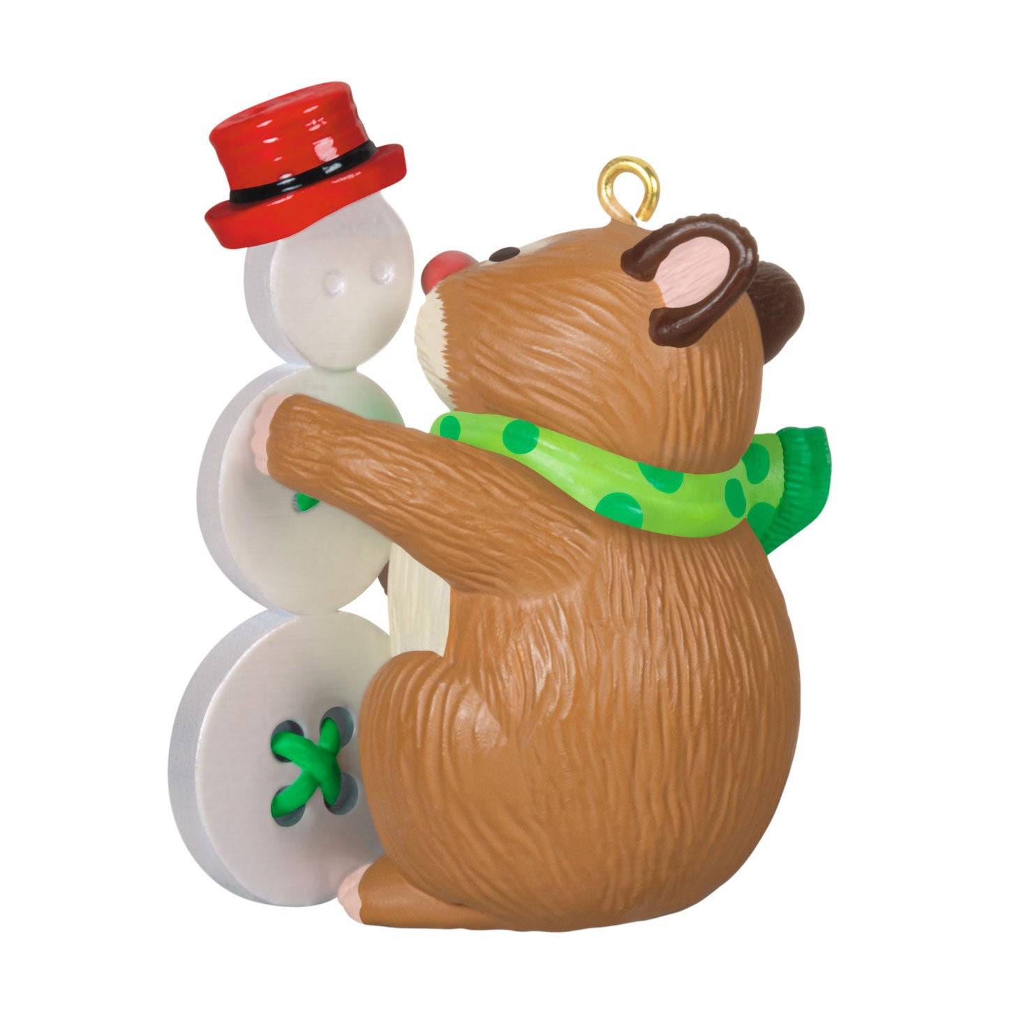 Cute as a Button — Hallmark Keepsake Christmas Ornament featuring a happy hamster clinging to a button snowman with a red top hat.