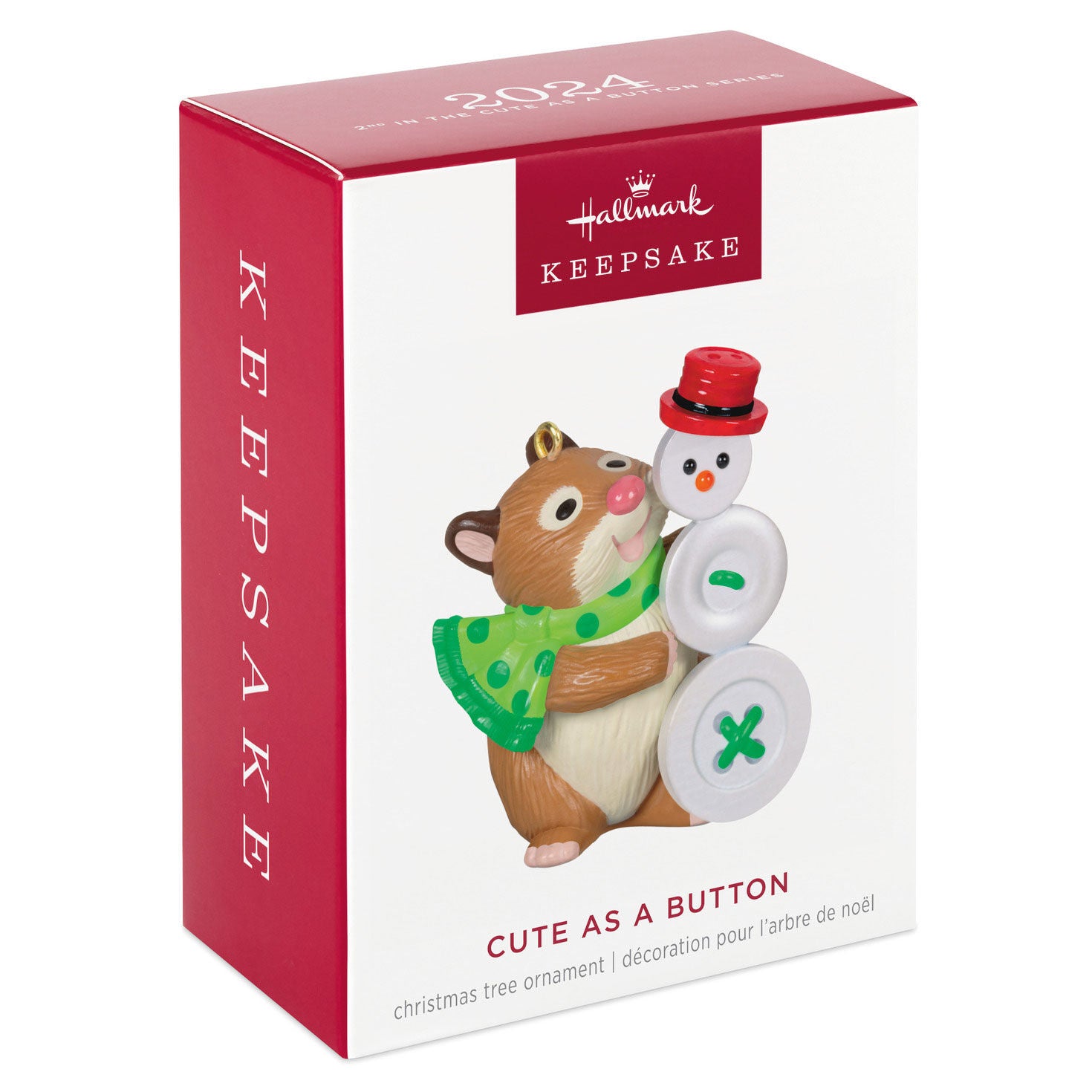 Cute as a Button — Hallmark Keepsake Christmas Ornament gift box featuring a happy hamster with snowman buttons and a red top hat.