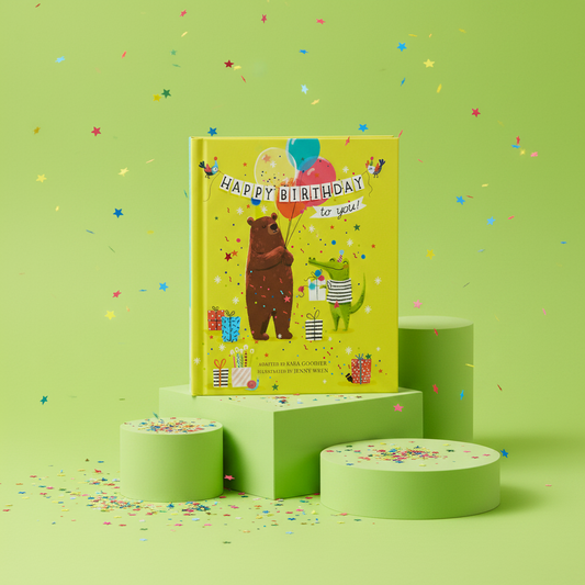 Birthday card with a bear and dinosaur design on a green platform with confetti
