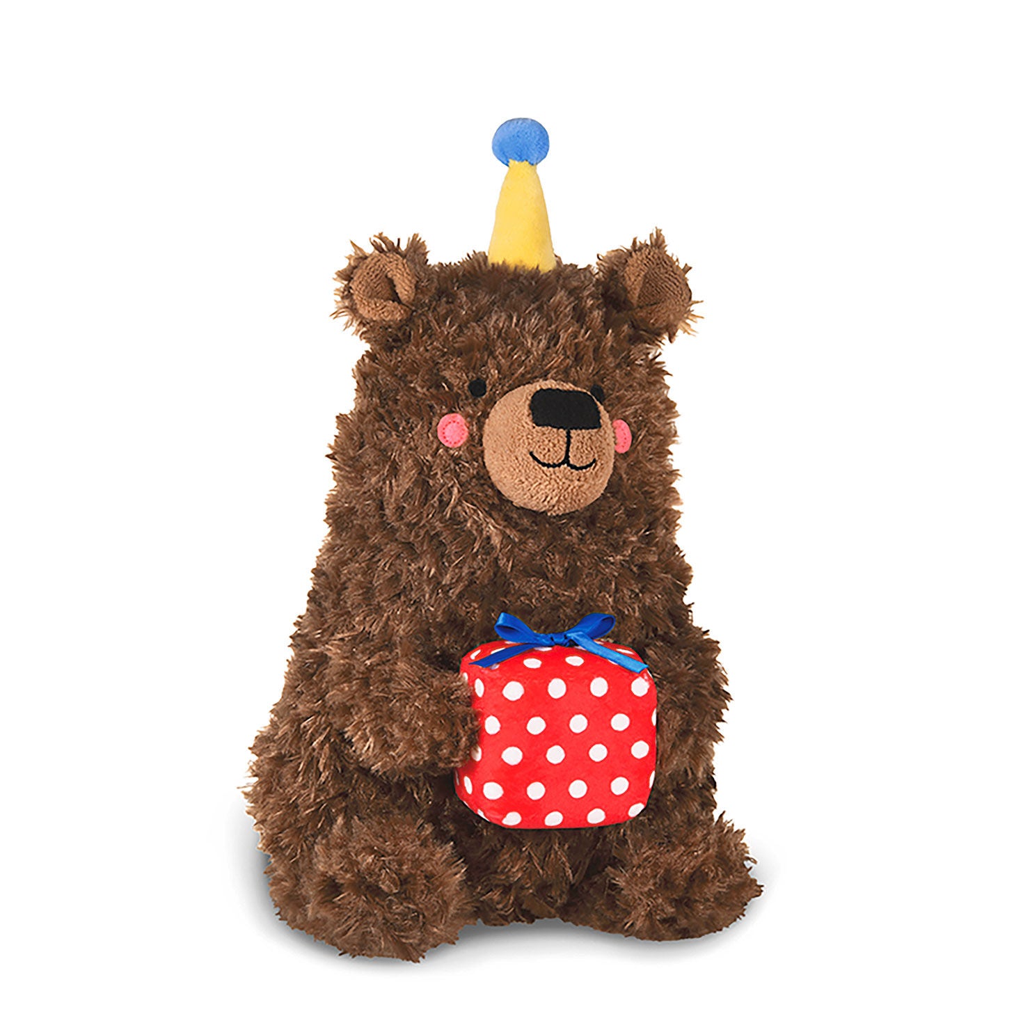 Happy Day Bear Magnetic Plush With Present, 12" in a seated position, wearing a party hat, holding a plush present with polka dots.