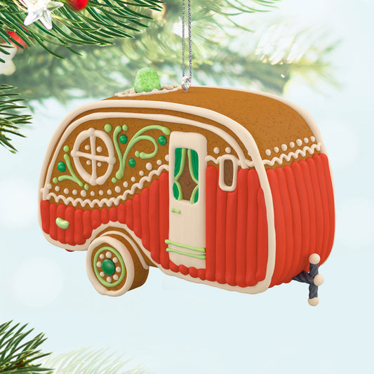 Happy Haul-idays — Hallmark Keepsake Christmas Ornament, gingerbread trailer design, angled view, decorated with colourful accents