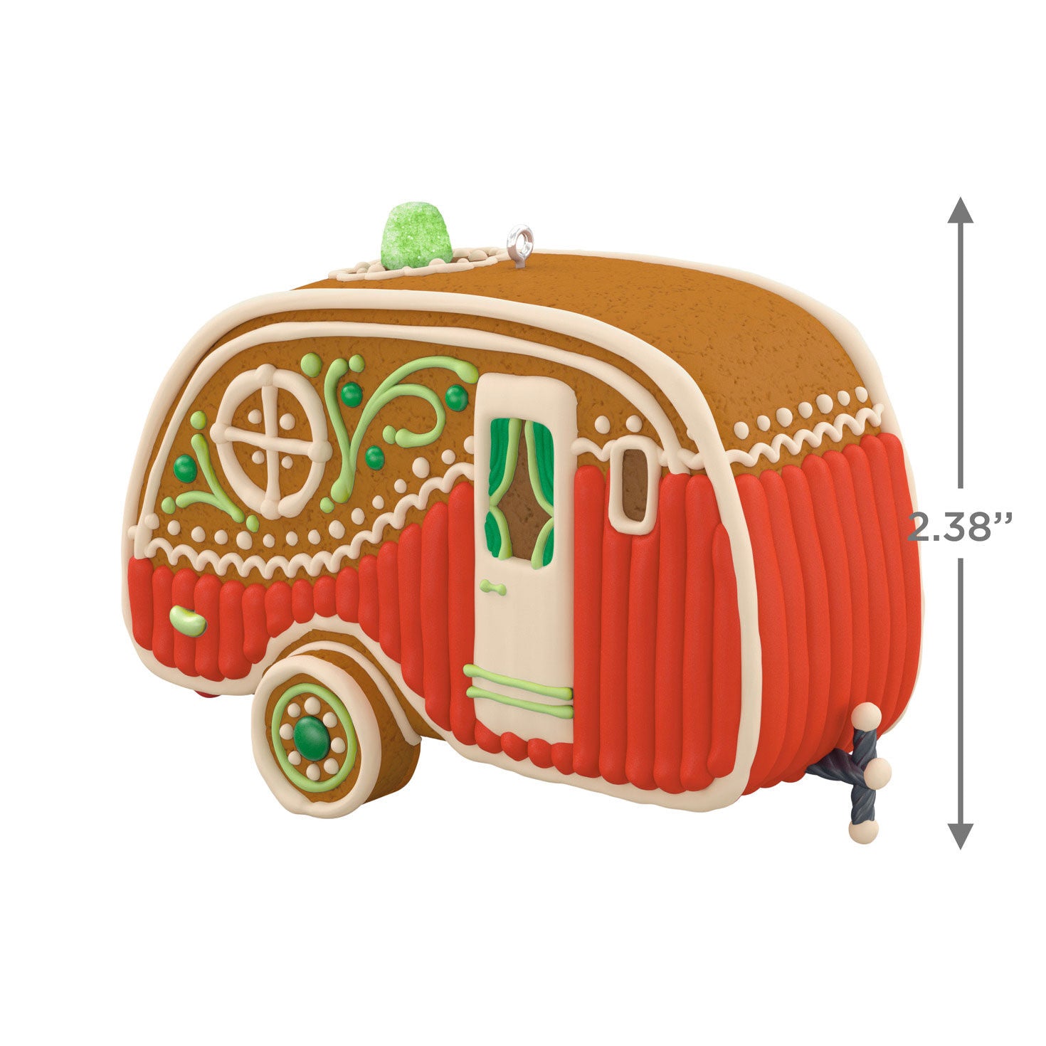 Happy Haul-idays — Hallmark Keepsake Christmas Ornament, gingerbread teardrop trailer design, side view, 2.38 inches.