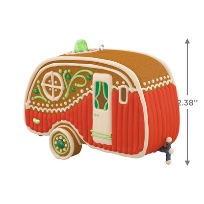 Happy Haul-idays — Hallmark Keepsake Christmas Ornament, gingerbread teardrop trailer design, side view, 2.38 inches.